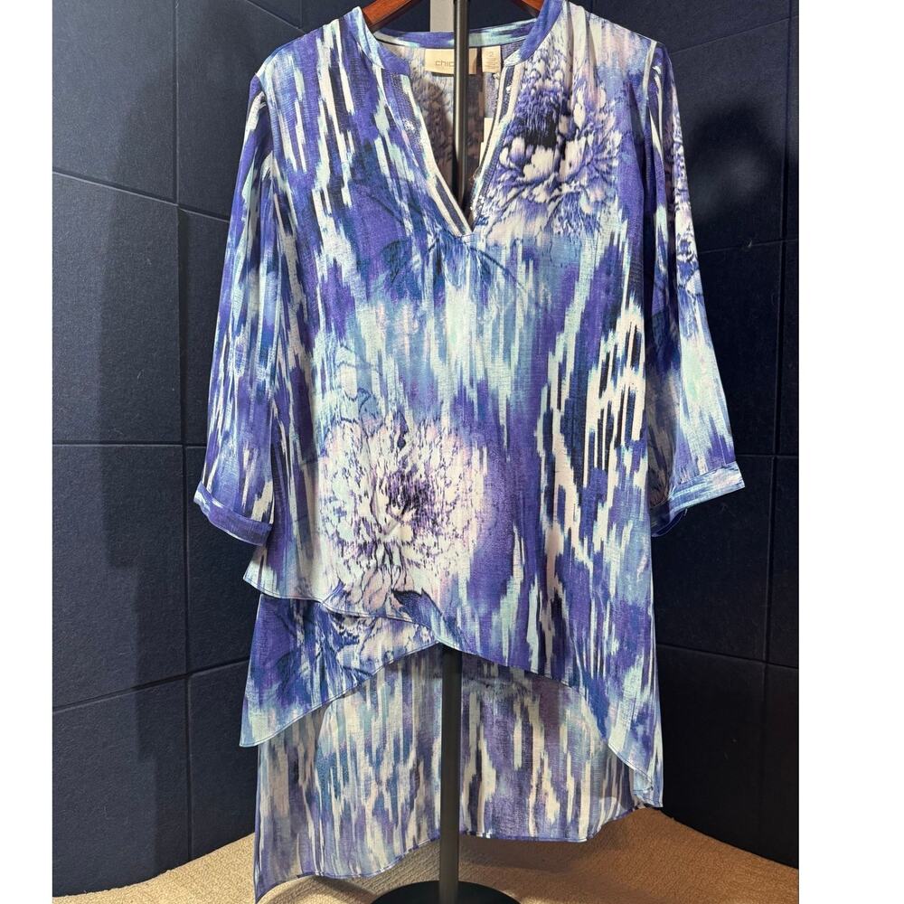 NWT Chicos Tunic SZ 2/Large Multicolor Floral Abstract Artsy Asymmetrical Blouse